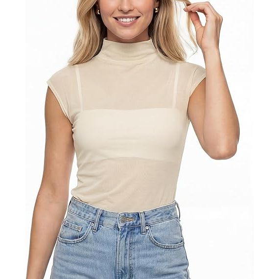 High Neck Short Sleeve Sheer Fitted Mesh Top