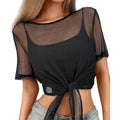 Women Tie Front Short Sleeve Mesh Crop Top