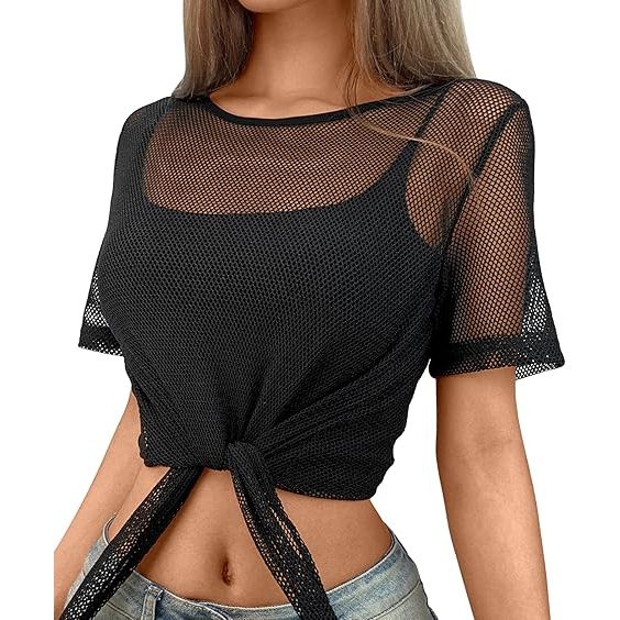 Women Tie Front Short Sleeve Mesh Crop Top