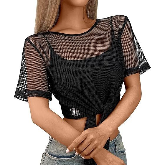 Women Tie Front Short Sleeve Mesh Crop Top