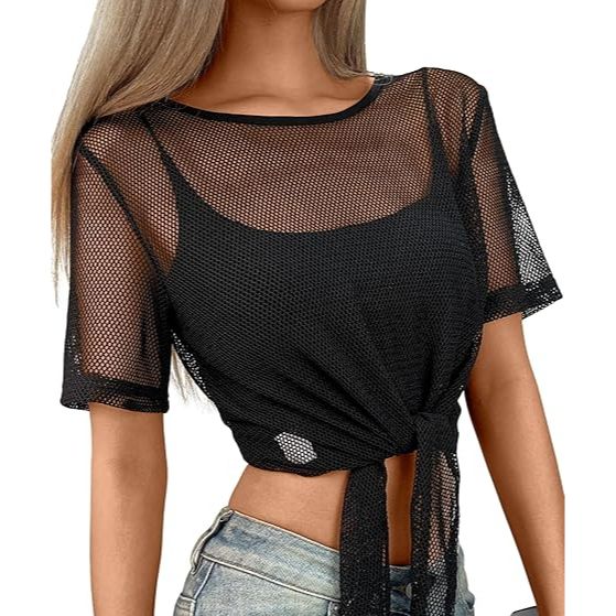 Women Tie Front Short Sleeve Mesh Crop Top